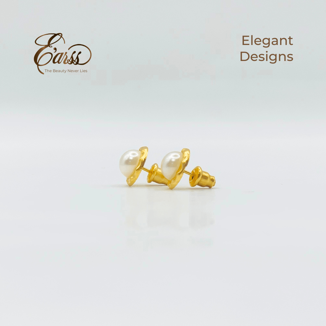 Hammered Bezel Pearl Gold Earring | Stainless Steel | 18K Gold Plated