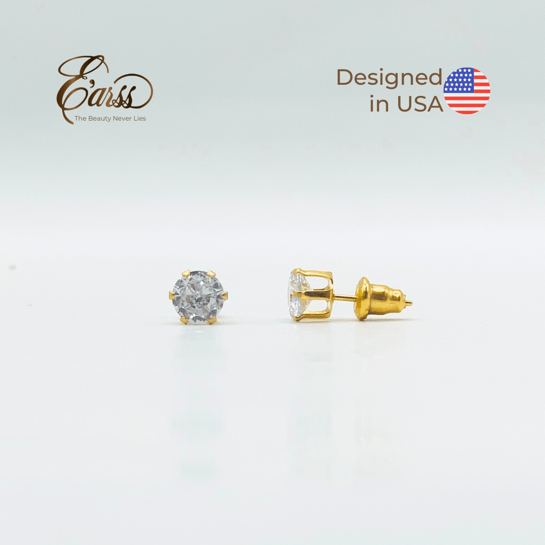 6 Mm Cubic Zirconia Round Gold Stud | Stainless Steel | 18K Gold Plated