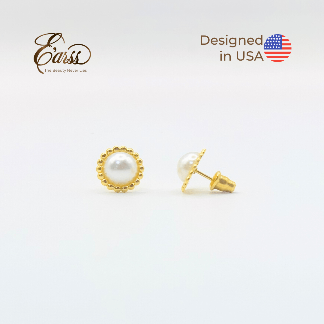 Beaded Border Pearl Gold Earring | Stainless Steel | 18K Gold Plated