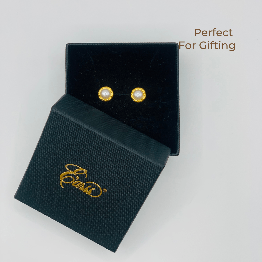 Hammered Bezel Pearl Gold Earring | Stainless Steel | 18K Gold Plated