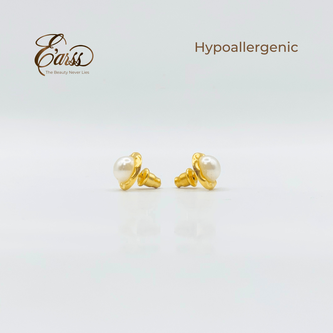 Hammered Bezel Pearl Gold Earring | Stainless Steel | 18K Gold Plated