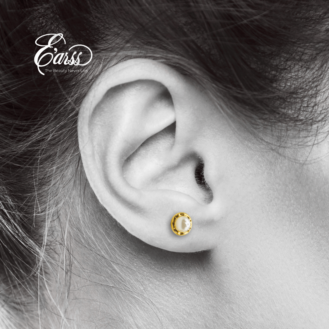 Hammered Bezel Pearl Gold Earring | Stainless Steel | 18K Gold Plated