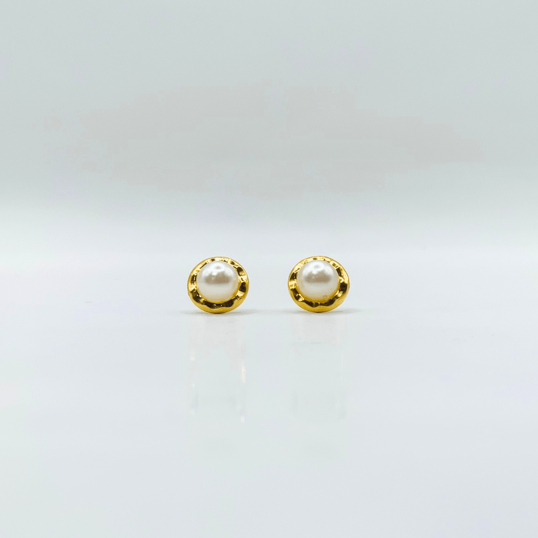 Hammered Bezel Pearl Gold Earring | Stainless Steel | 18K Gold Plated