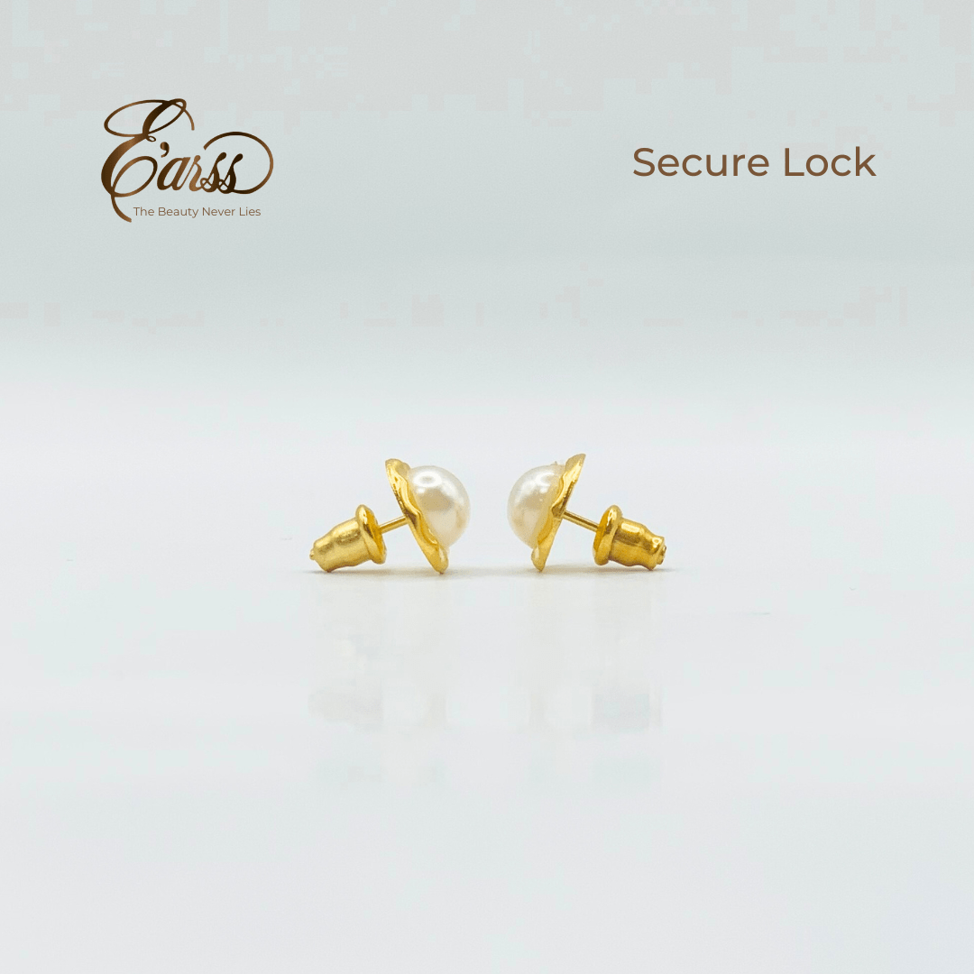 Hammered Bezel Pearl Gold Earring | Stainless Steel | 18K Gold Plated