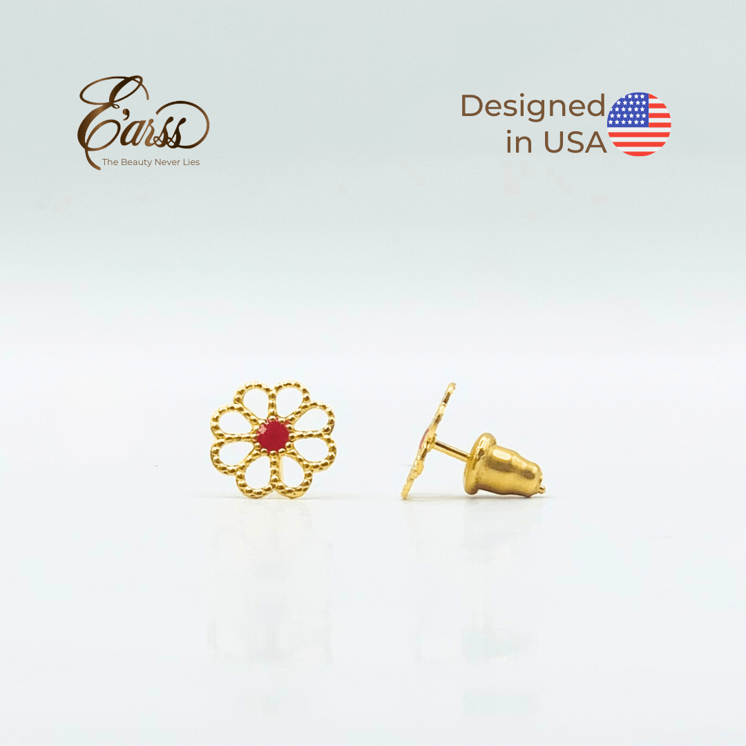 Open Daisy with Red Epoxy Gold Earring | Stainless Steel | 18K Gold Plated