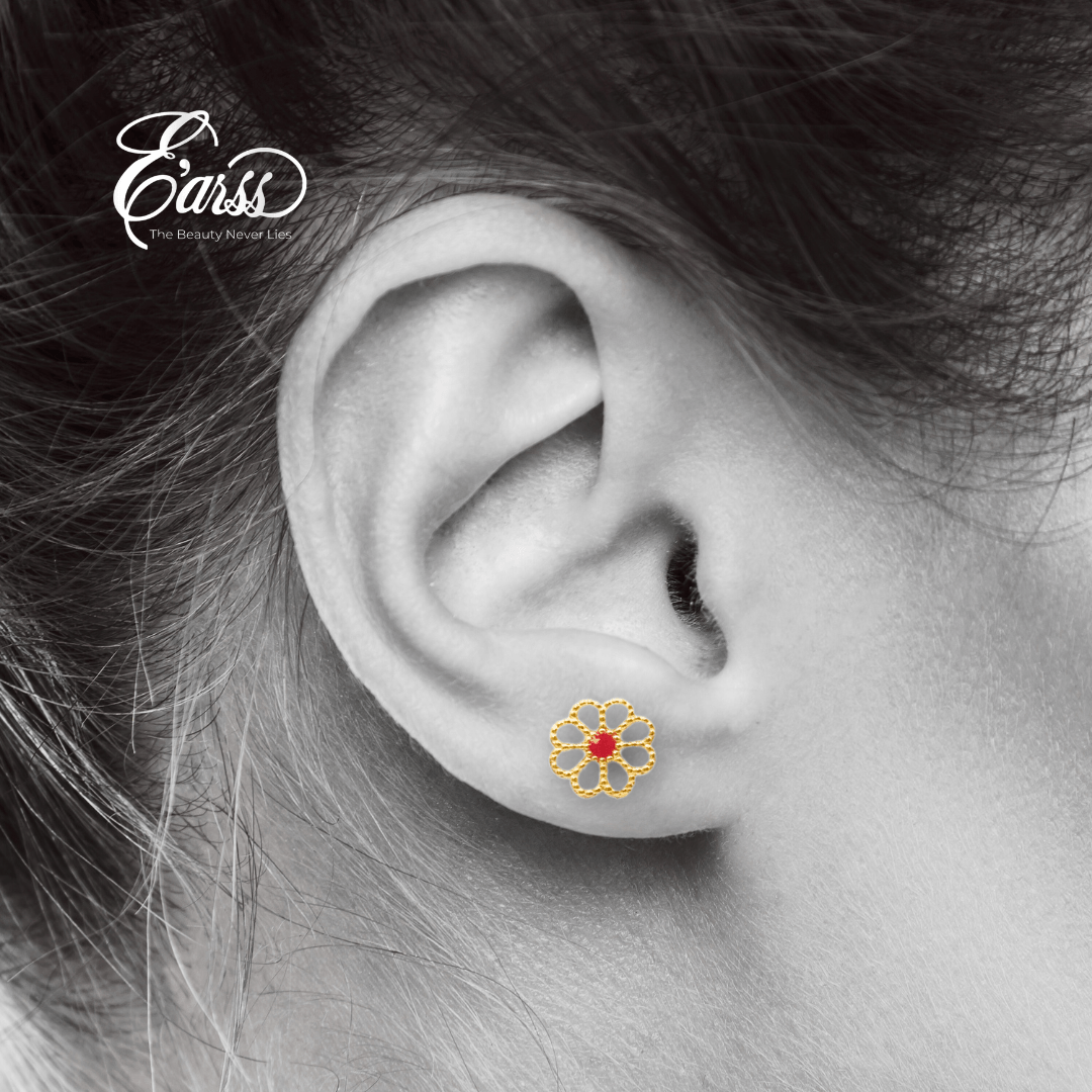 Open Daisy with Red Epoxy Gold Earring | Stainless Steel | 18K Gold Plated