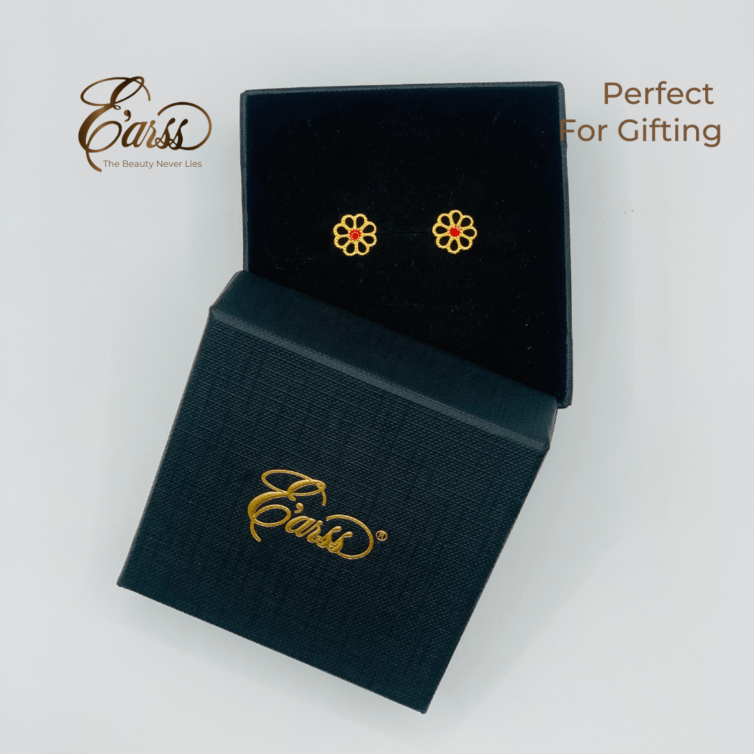 Open Daisy with Red Epoxy Gold Earring | Stainless Steel | 18K Gold Plated