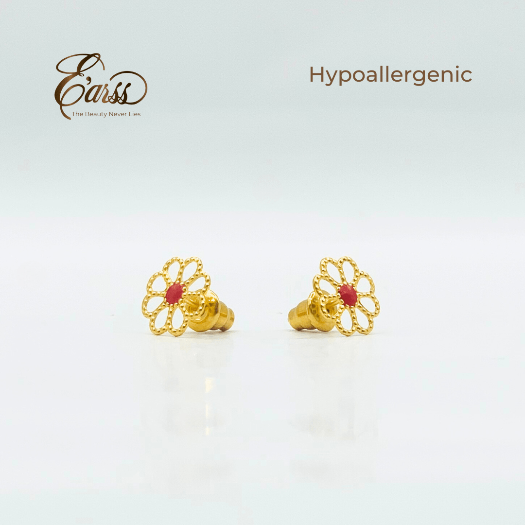 Open Daisy with Red Epoxy Gold Earring | Stainless Steel | 18K Gold Plated