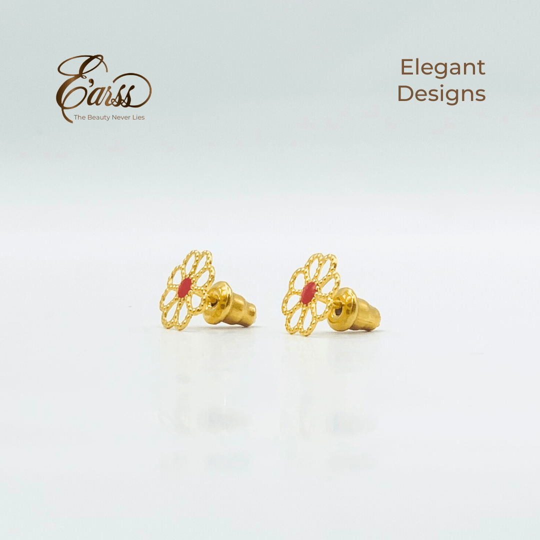 Open Daisy with Red Epoxy Gold Earring | Stainless Steel | 18K Gold Plated