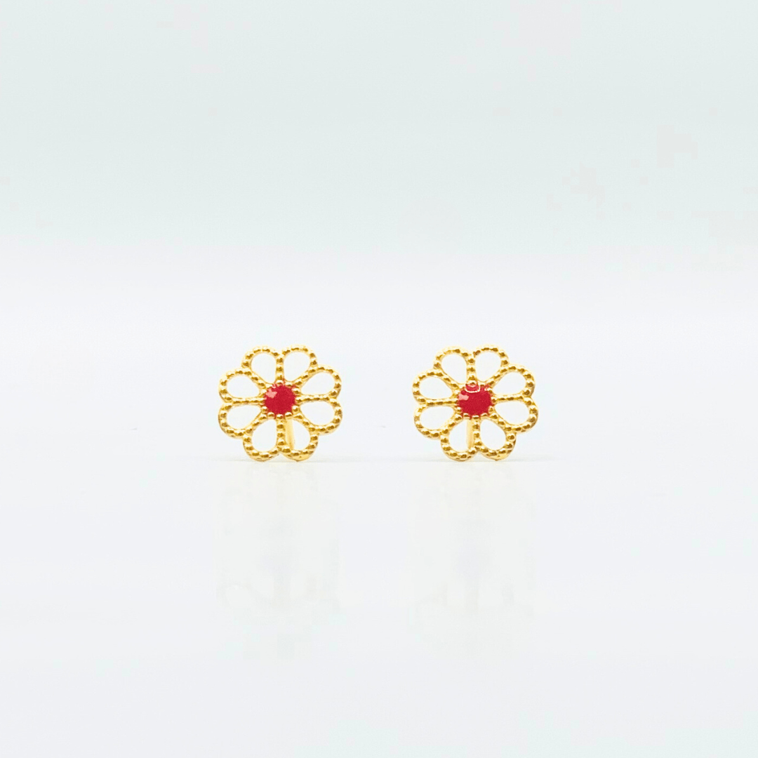 Open Daisy with Red Epoxy Gold Earring | Stainless Steel | 18K Gold Plated